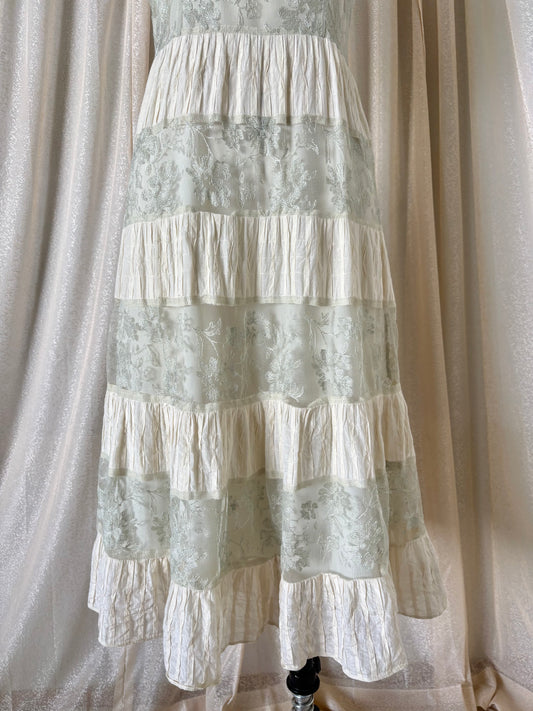 Sage and ivory lace tiered hem midi dress