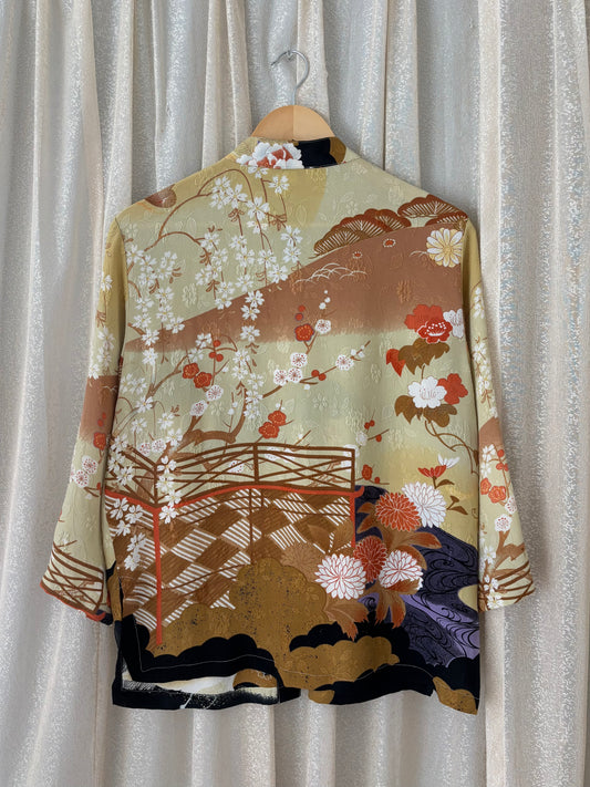 Citron silk crane art tunic blouse
