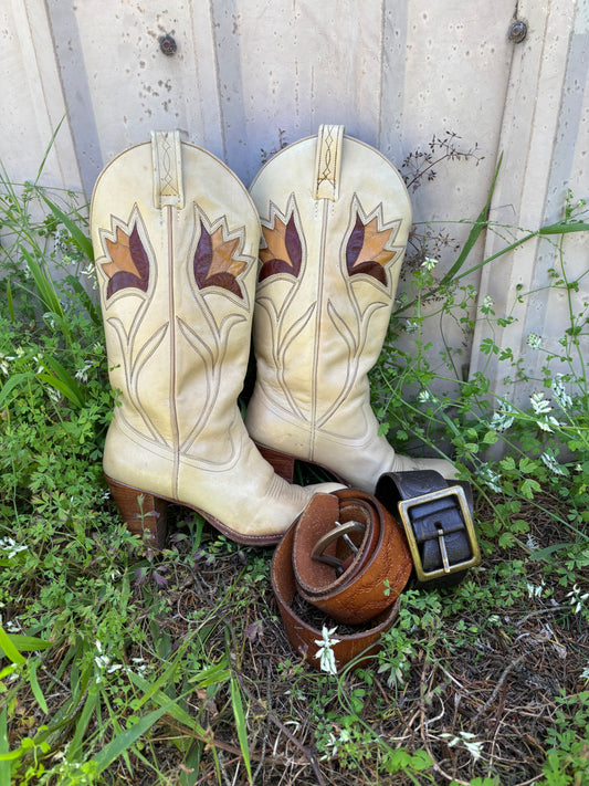 70s Dan Post leather tulip inlay Western boots