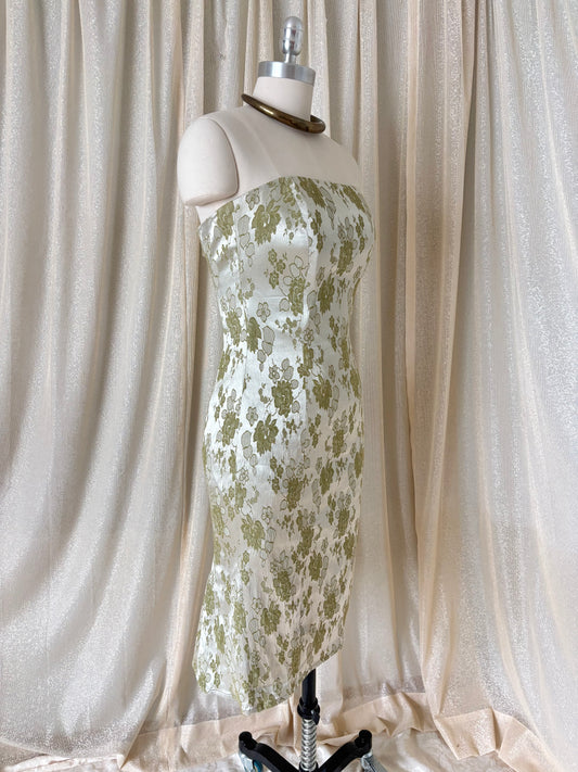 Green floral brocade jacquard strapless cocktail dress