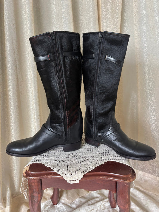 Calf hair and leather belt buckle riding boots