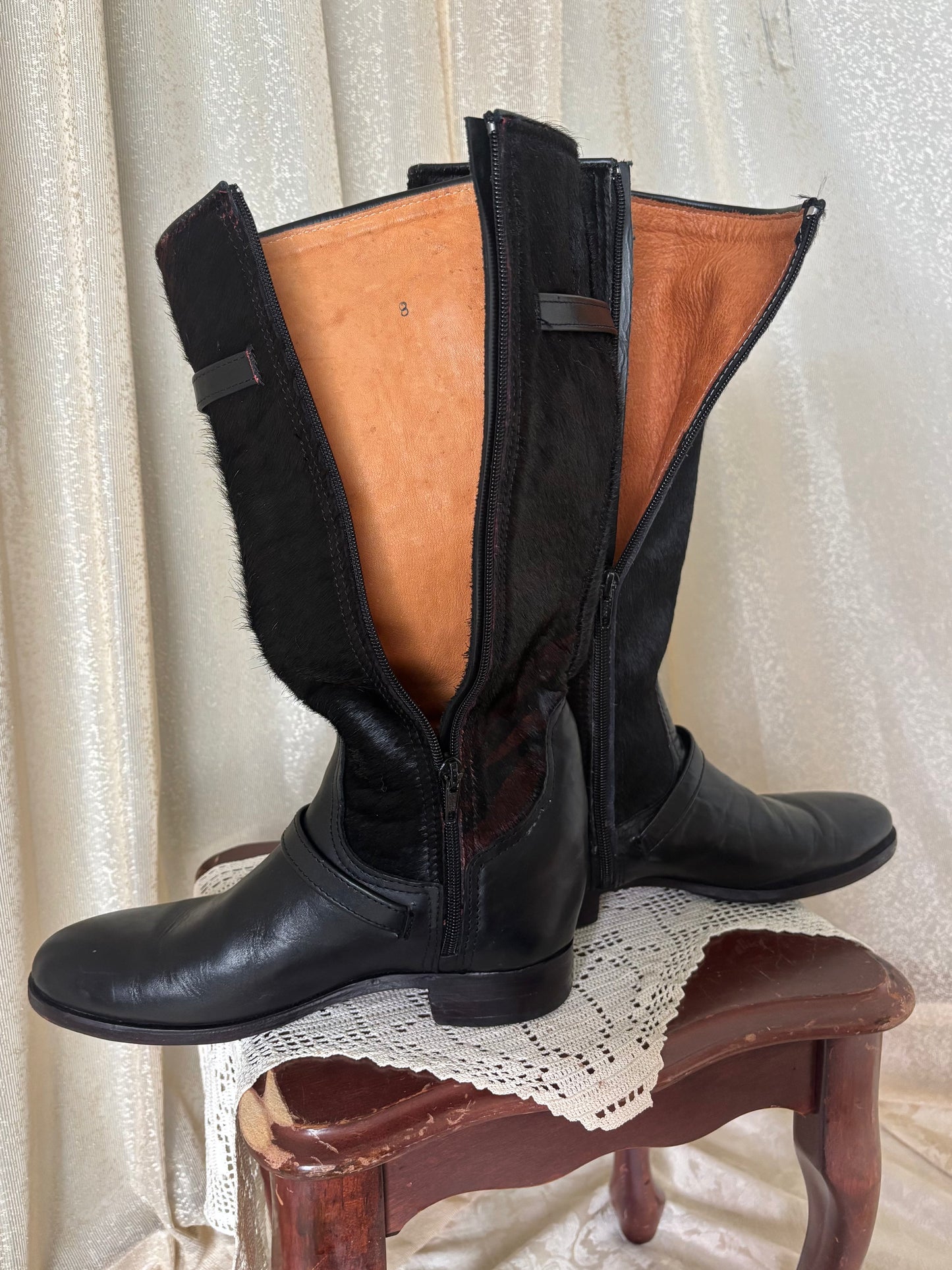 Calf hair and leather belt buckle riding boots