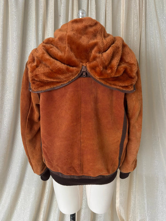 70s orange suede zip hooded bomber jacket