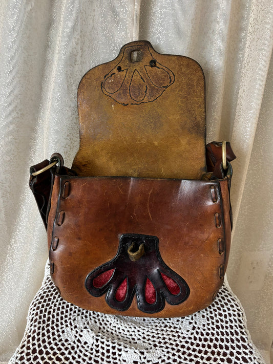 70s leather satchel with velvet cutouts