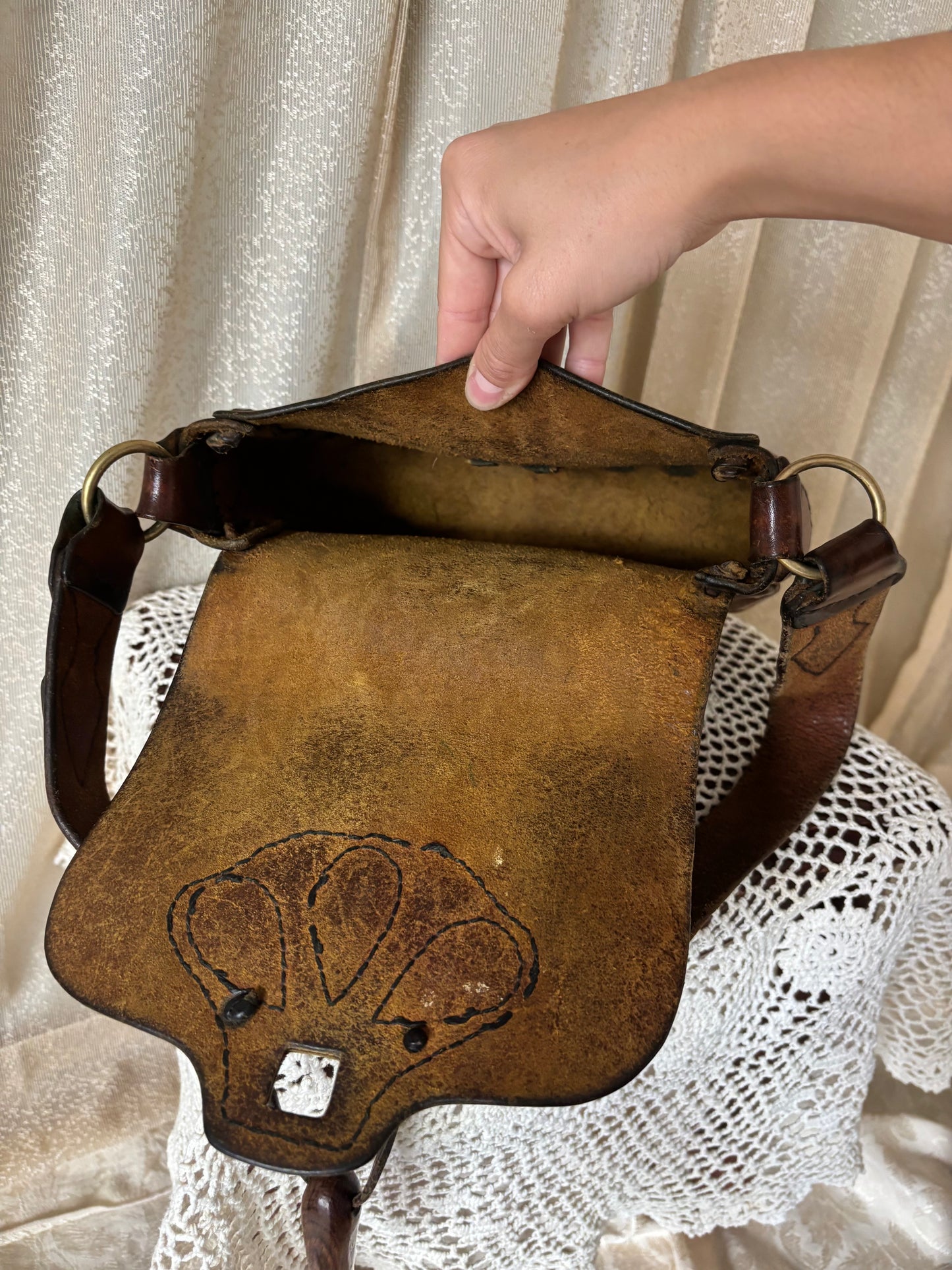 70s leather satchel with velvet cutouts