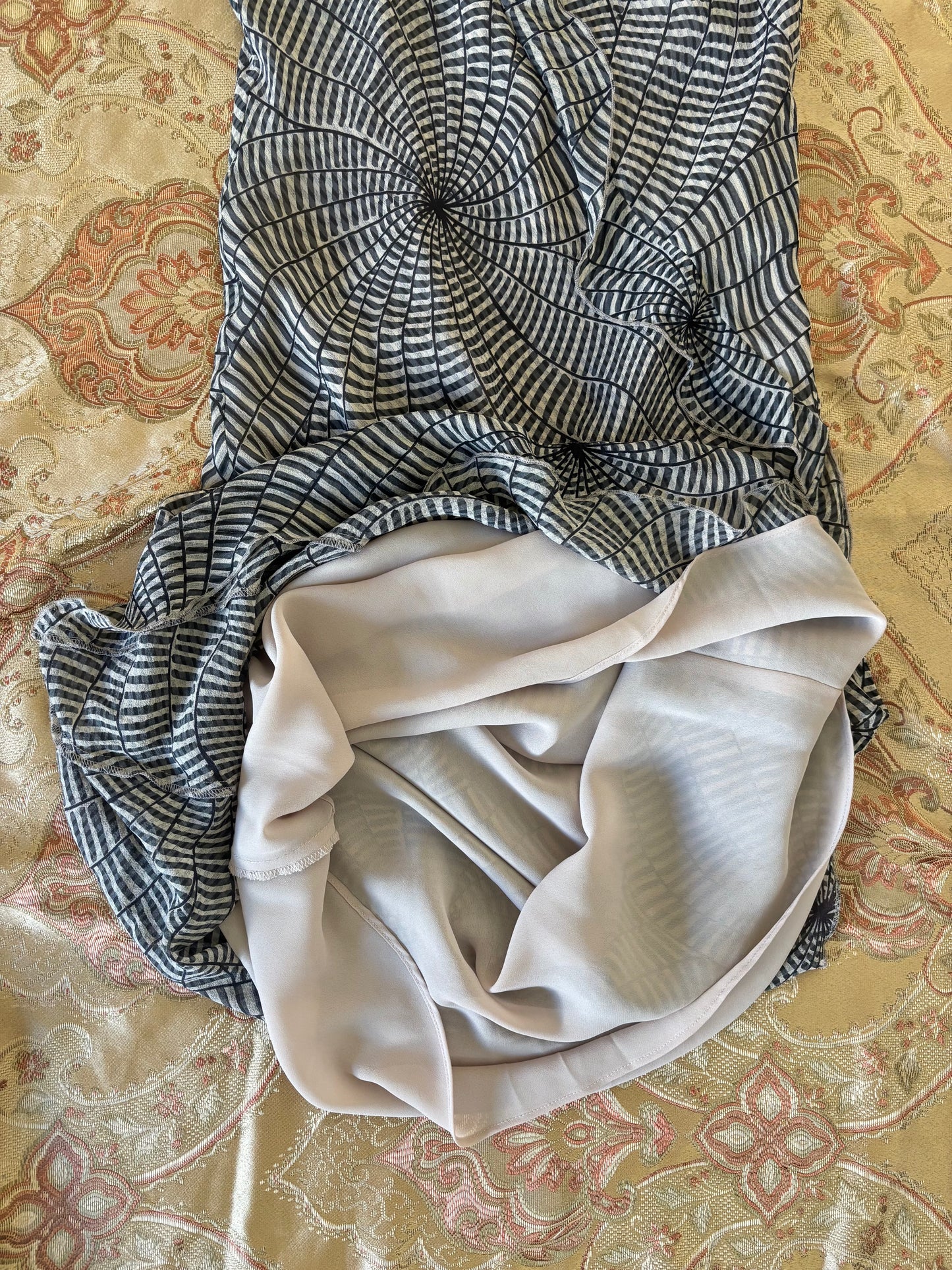 Silk abstract print ruffle maxi dress