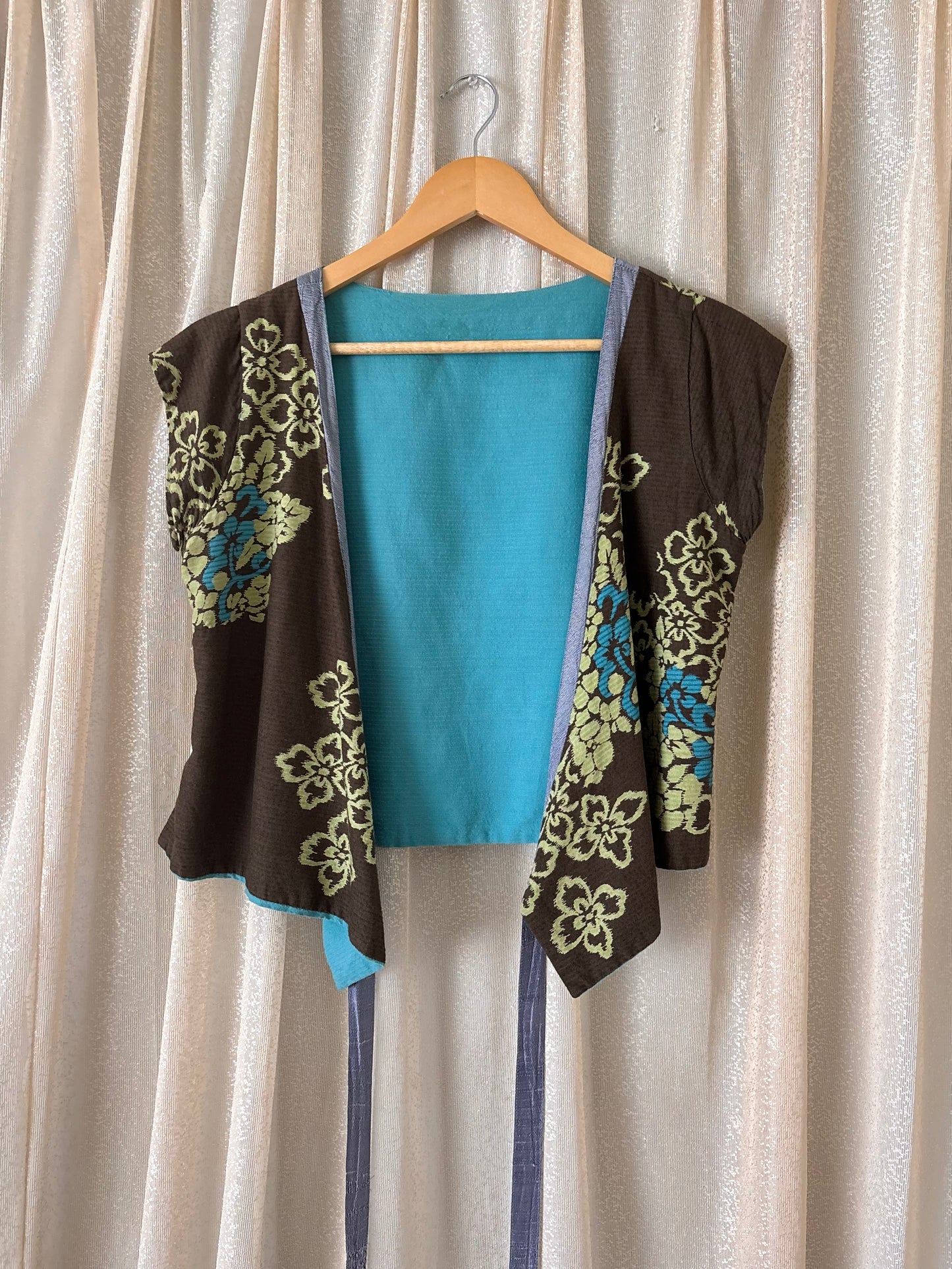 Reversible teal and brown floral wrap shirt