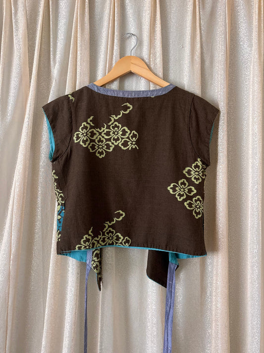 Reversible teal and brown floral wrap shirt