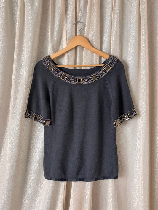 Grey chain embellished knit top