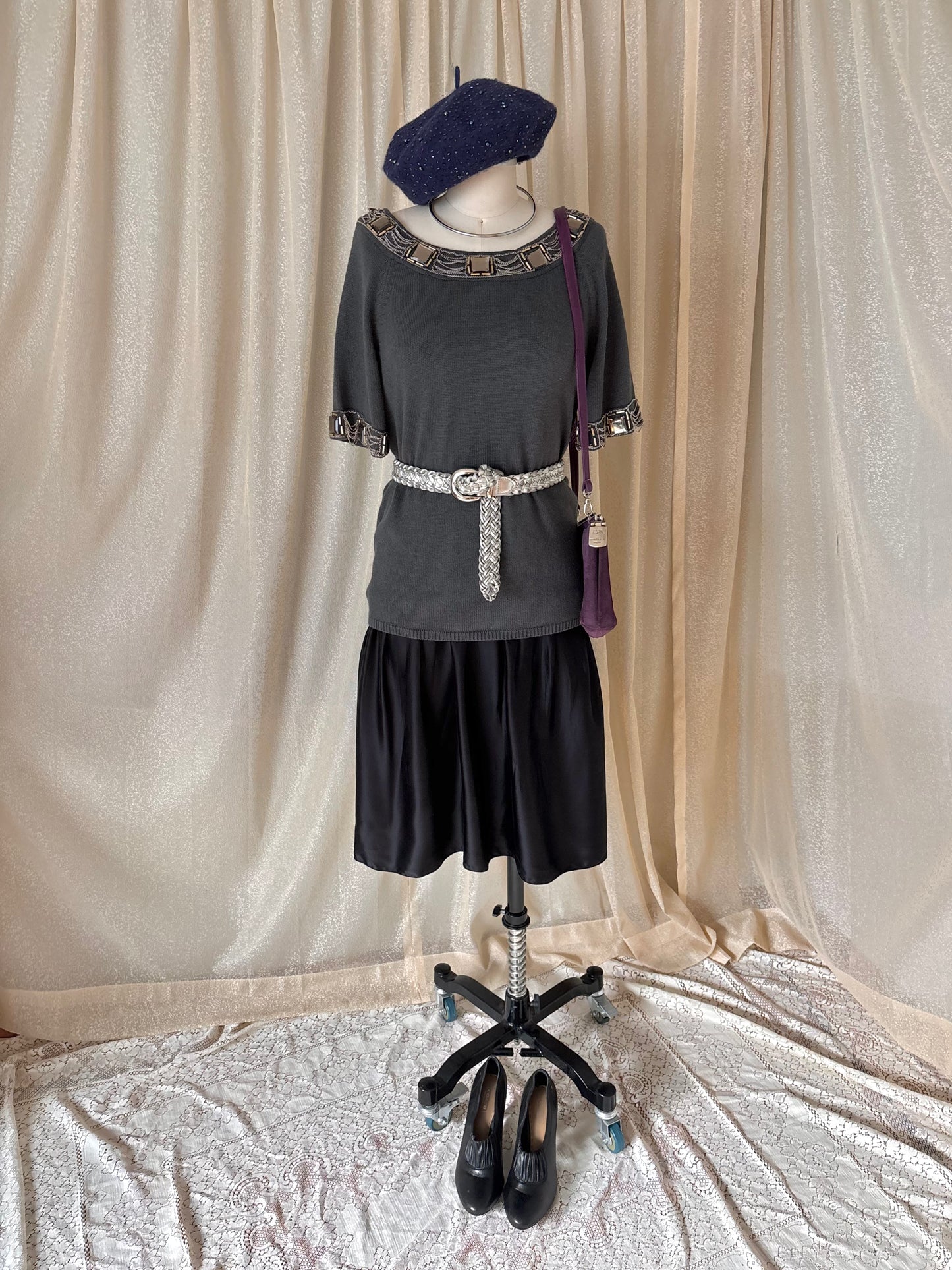 Grey chain embellished knit top