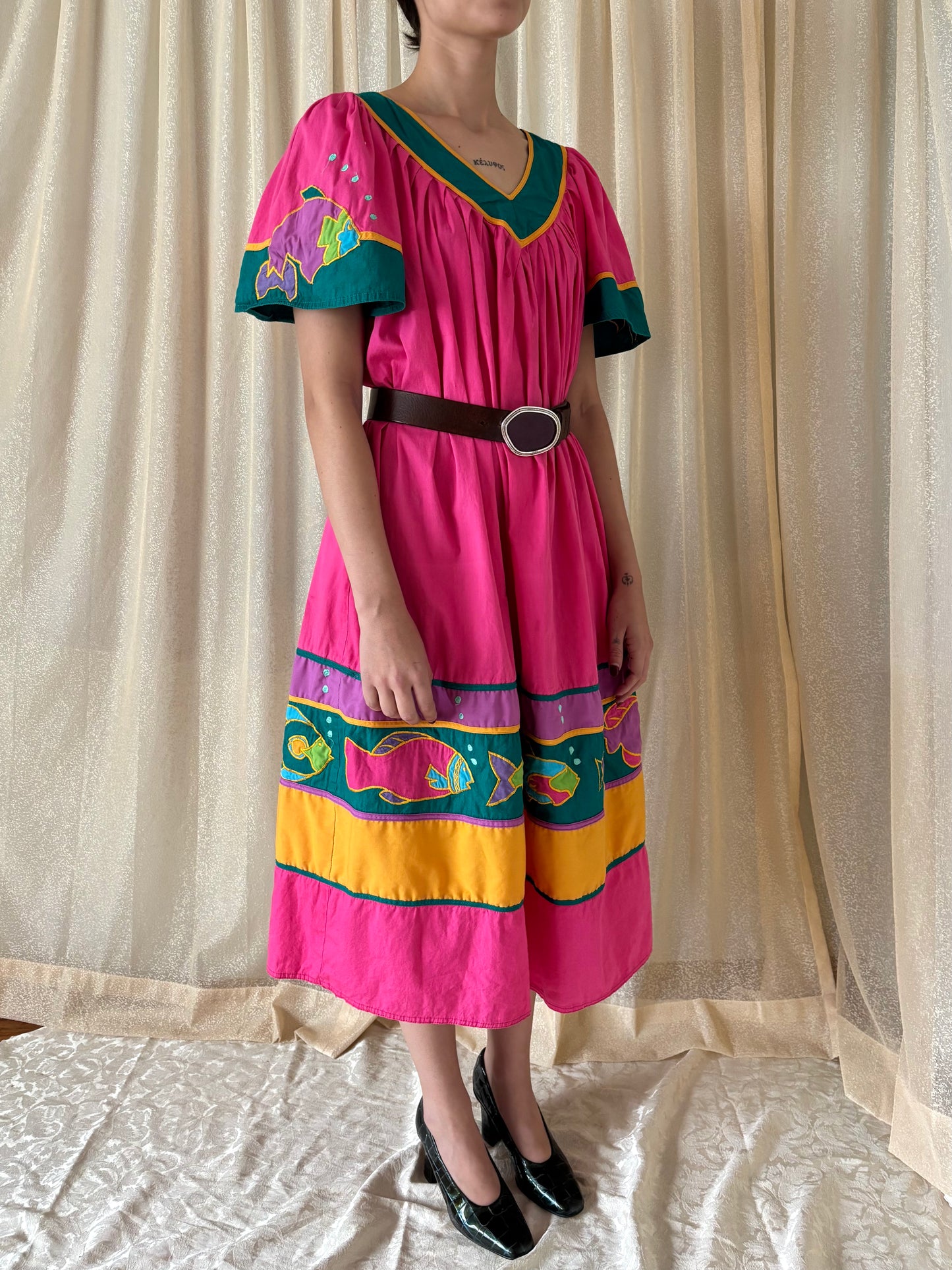 80s cotton smocked fish dress