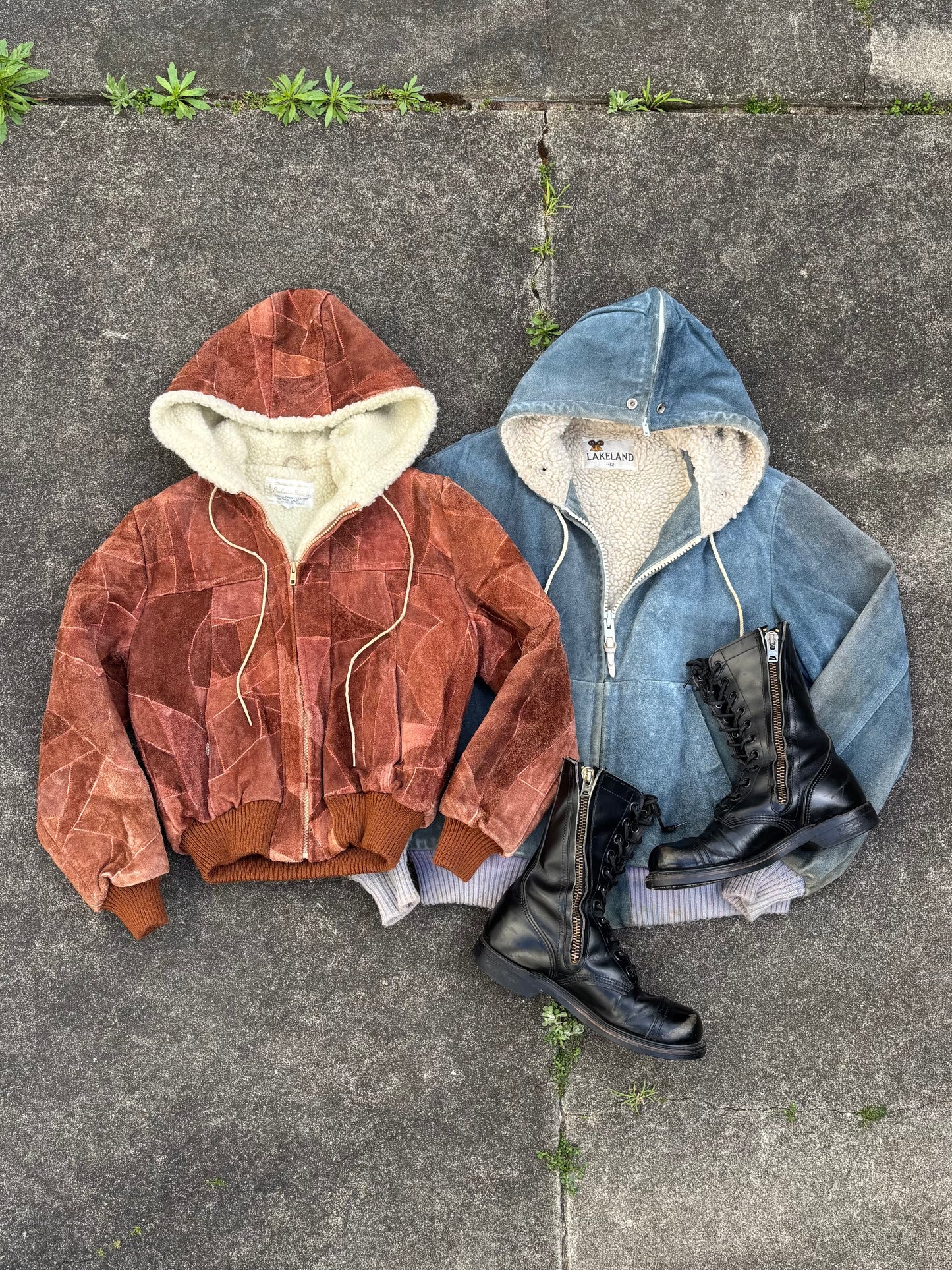 70s patchwork suede sherpa hooded jacket