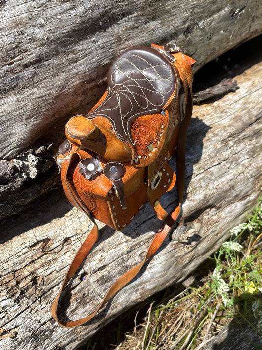 Vintage brown leather Western saddle crossbody