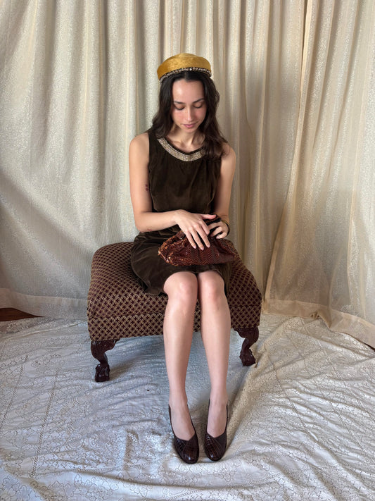 60s brown velvet shift dress
