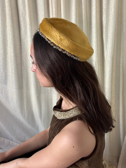 Yellow melusine beaded pillbox hat