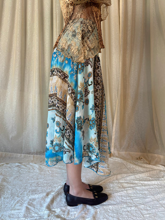 Flowy blue & brown midi skirt