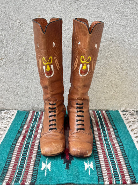 60s/70s custom tooled leather tall boots with Native American motif
