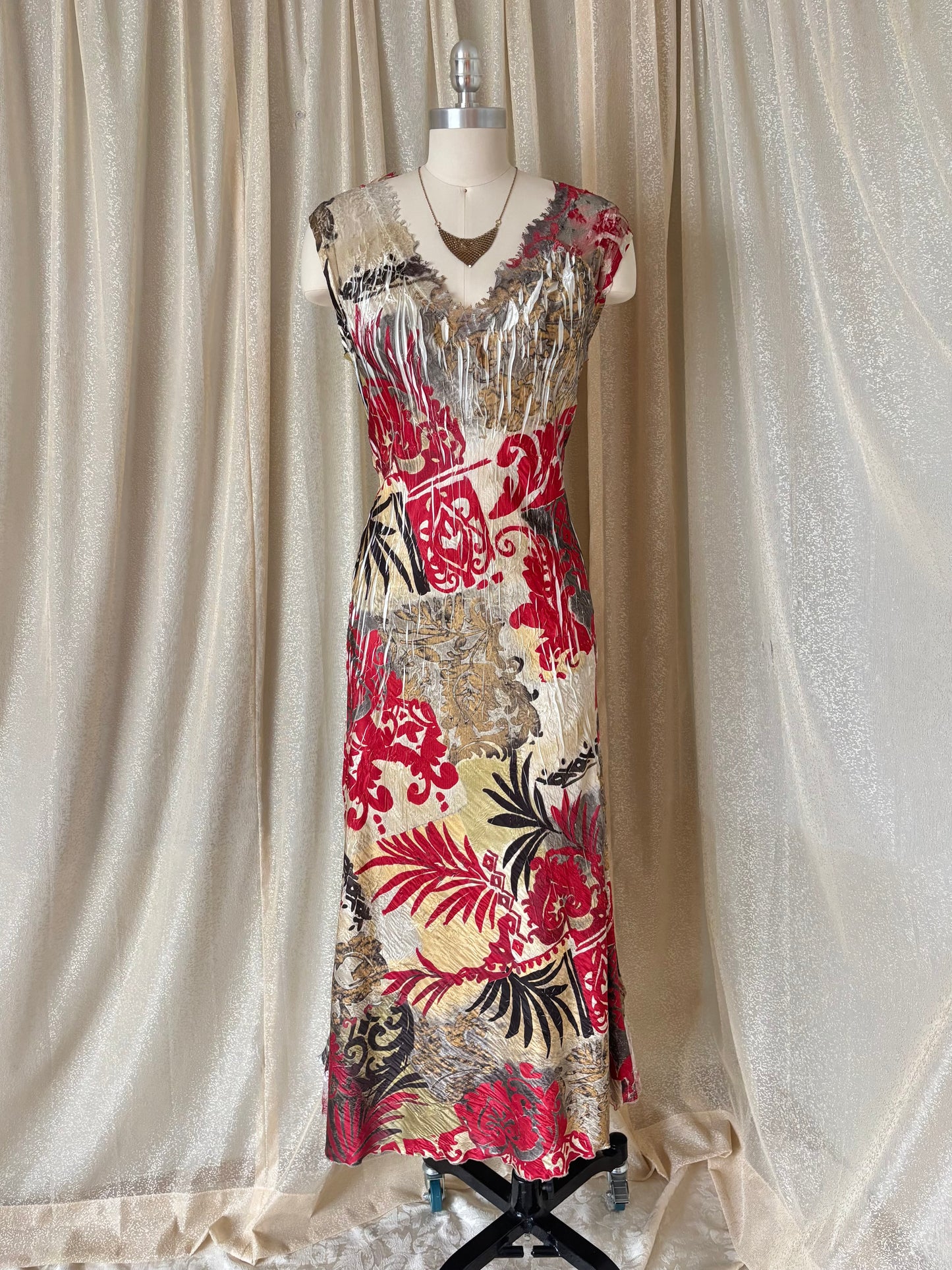 90s Komarov abstract crinkle pleated midi dress
