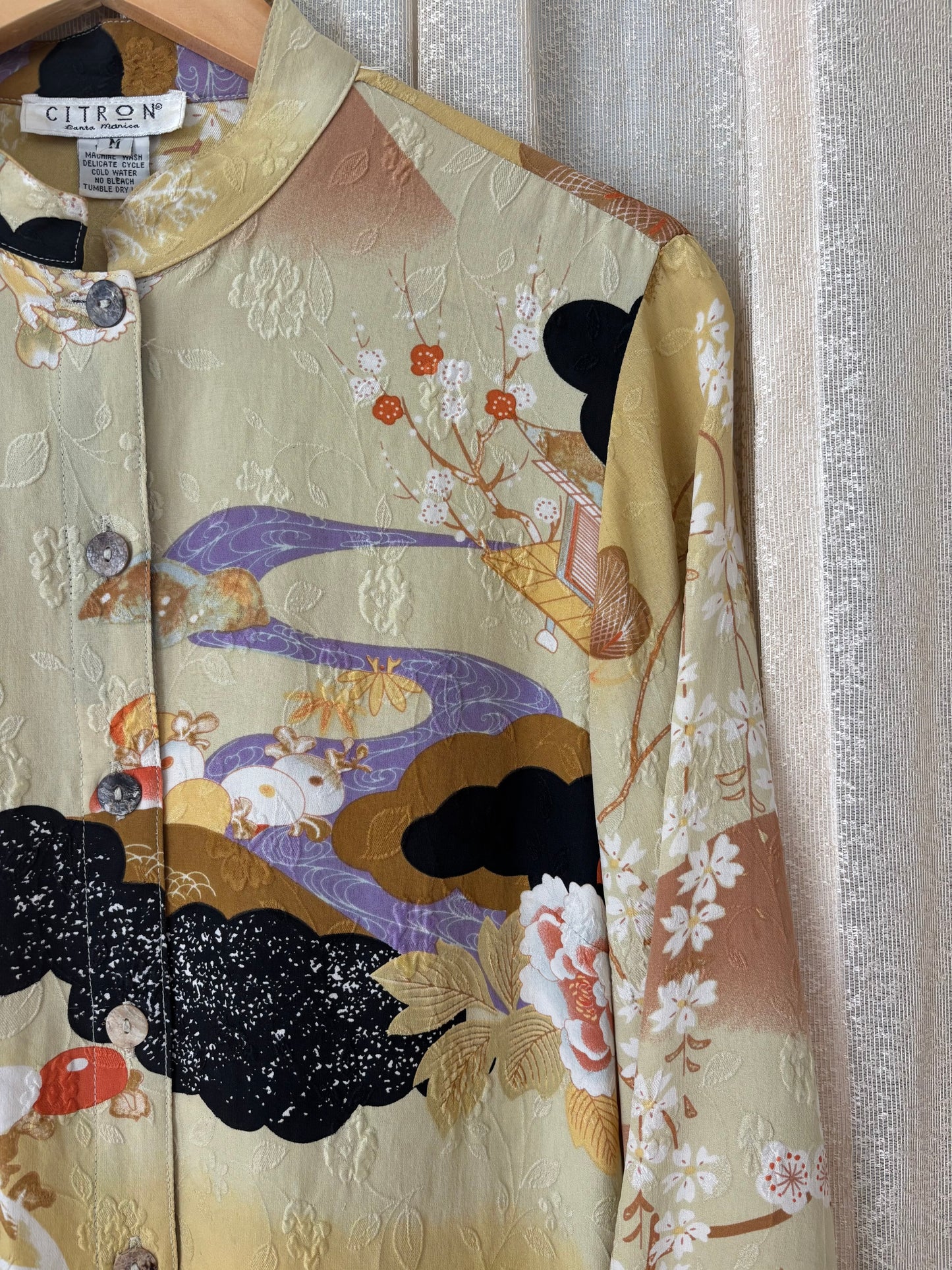 Citron silk crane art tunic blouse
