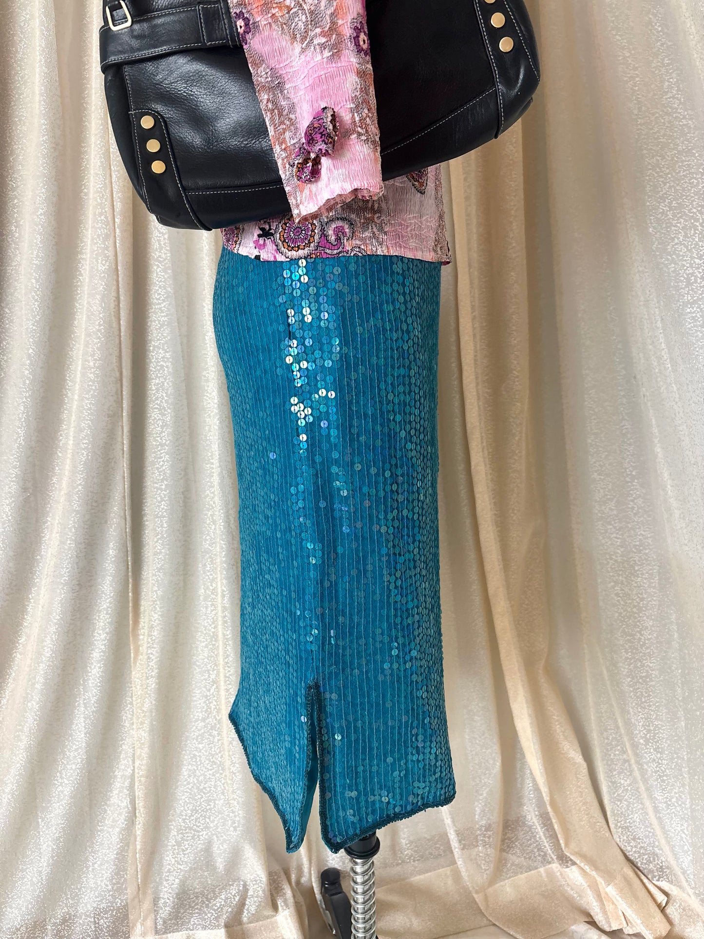 Vintage teal India silk sequin skirt