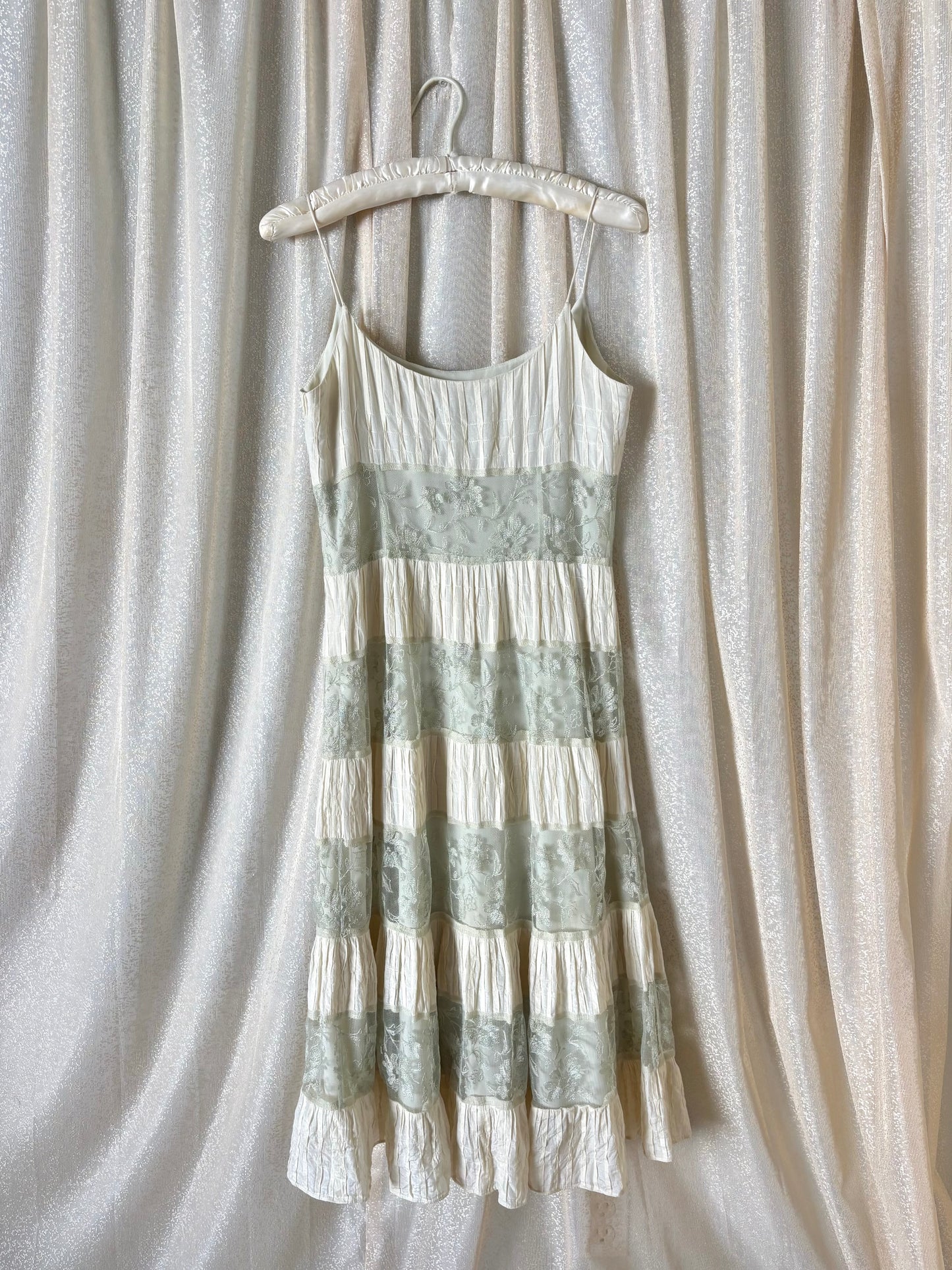 Sage and ivory lace tiered hem midi dress