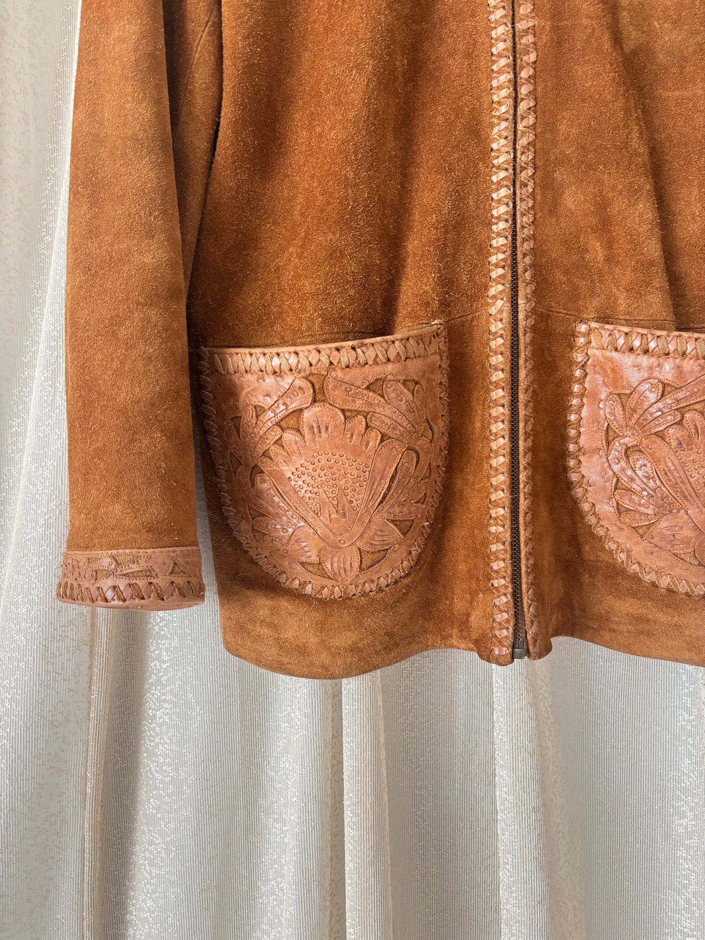 Rare Alan Michael tooled leather whipstitch suede jacket