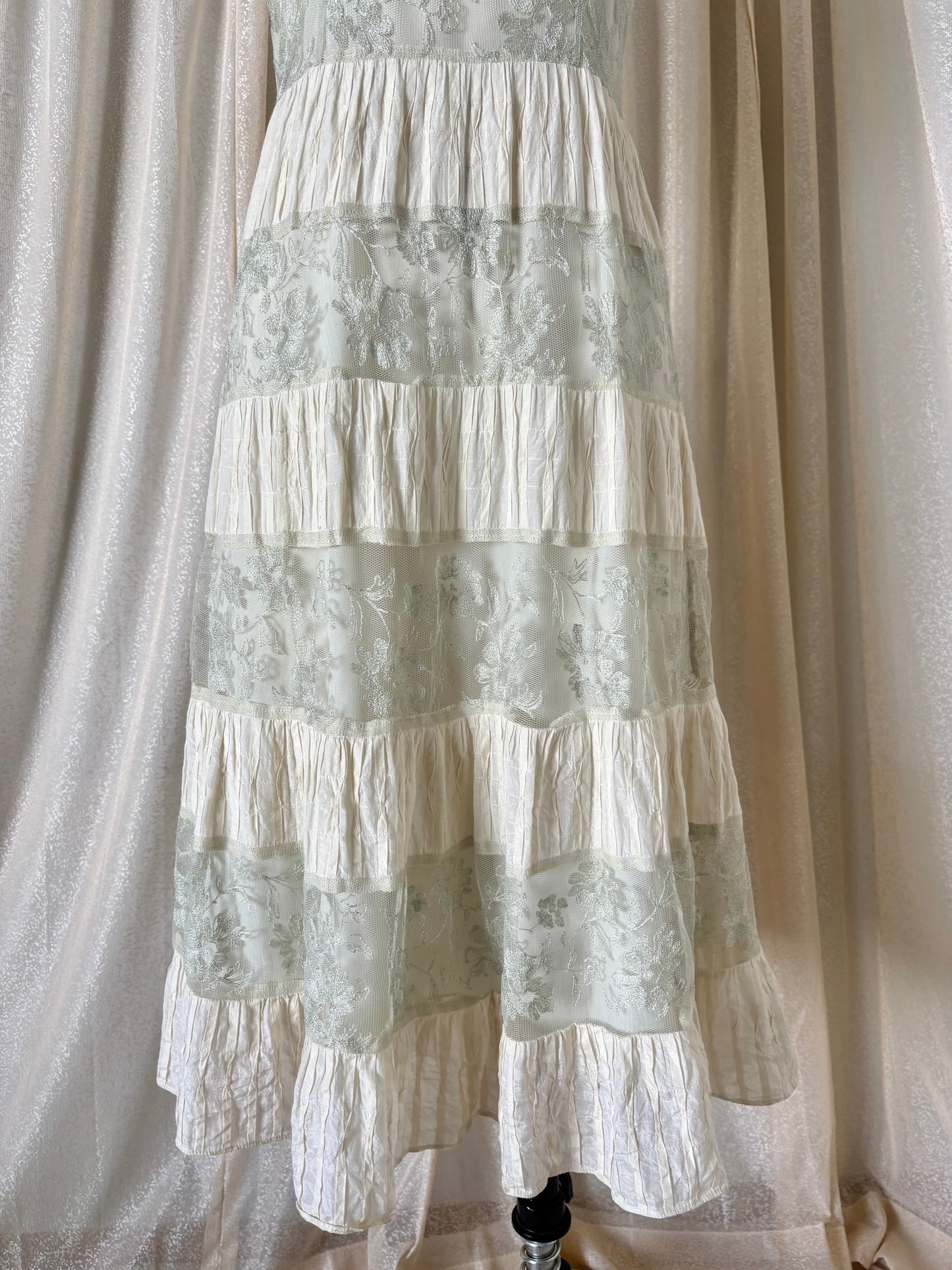 Sage and ivory lace tiered hem midi dress