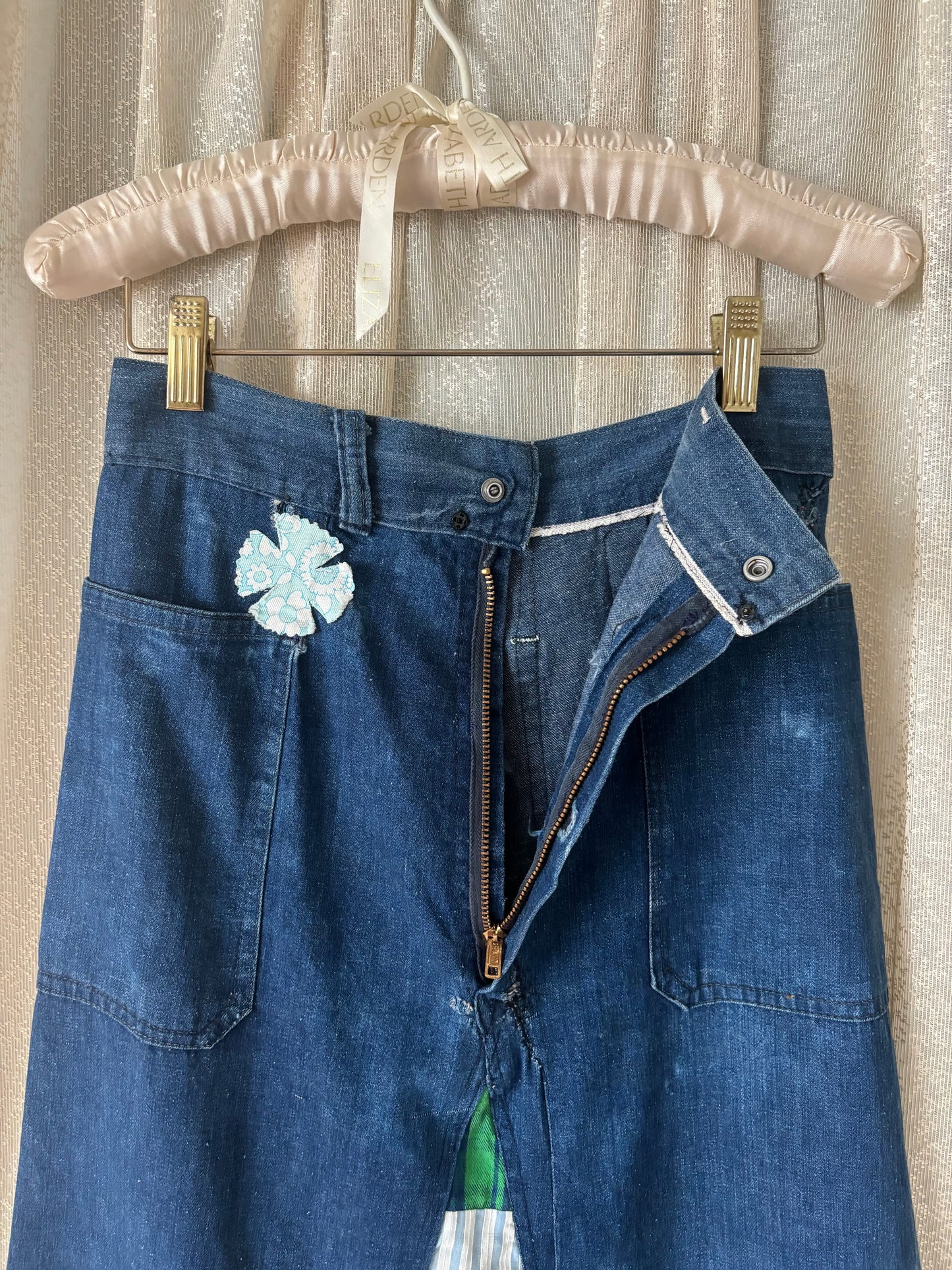 70s homemade denim patchwork maxi skirt