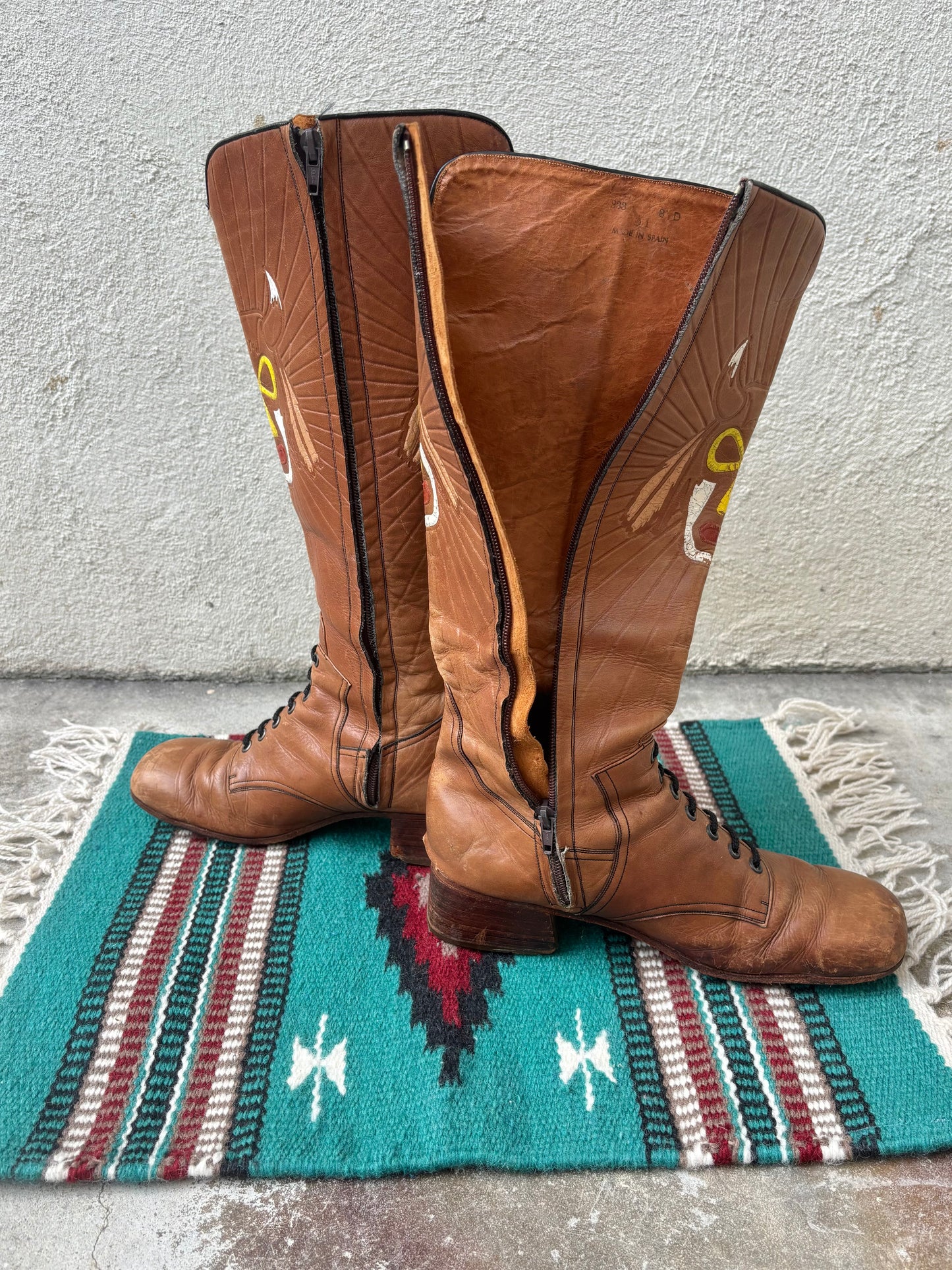 60s/70s custom tooled leather tall boots with Native American motif