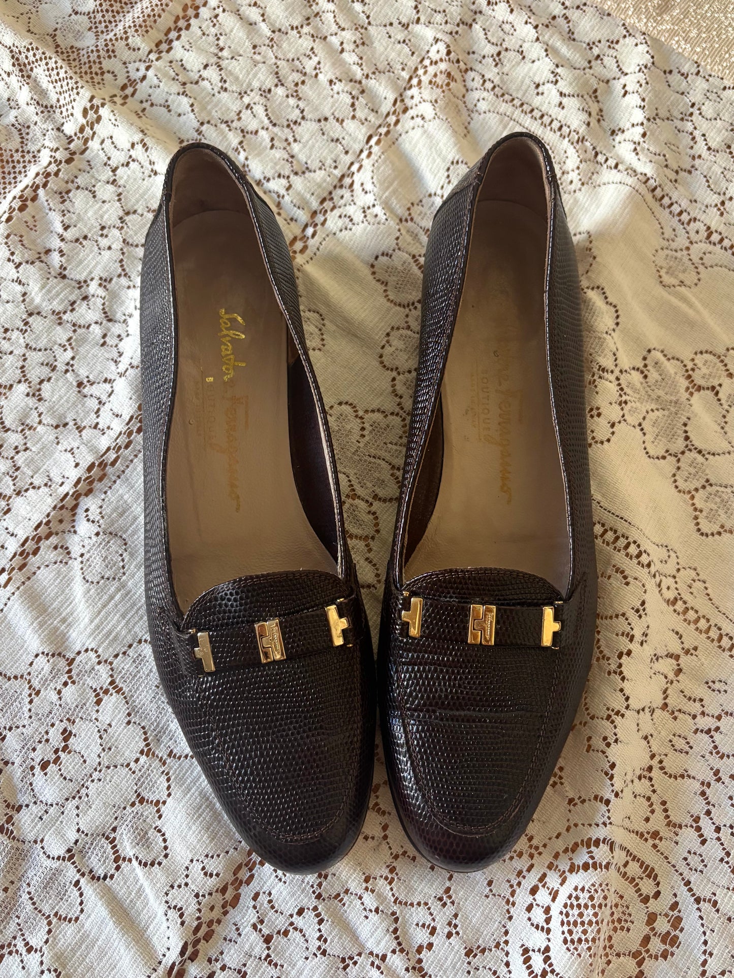 Vintage Ferragamo lizard embossed loafers