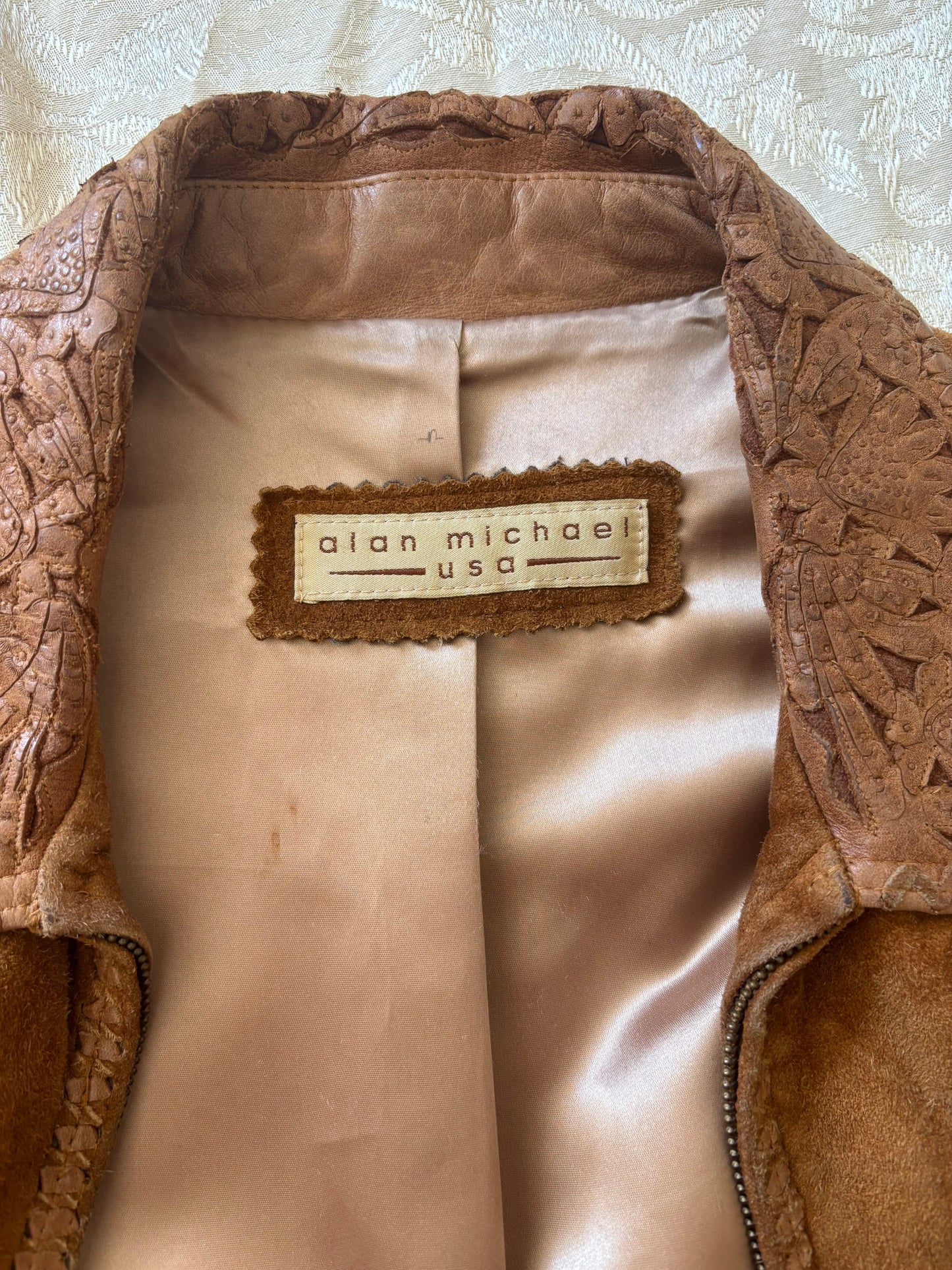 Rare Alan Michael tooled leather whipstitch suede jacket