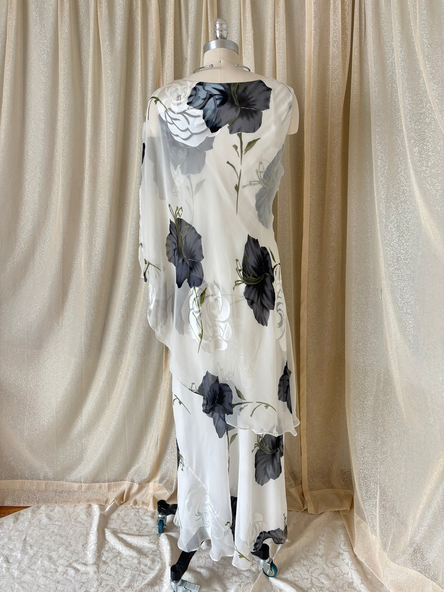 90s floral silk asymmetrical layered dress