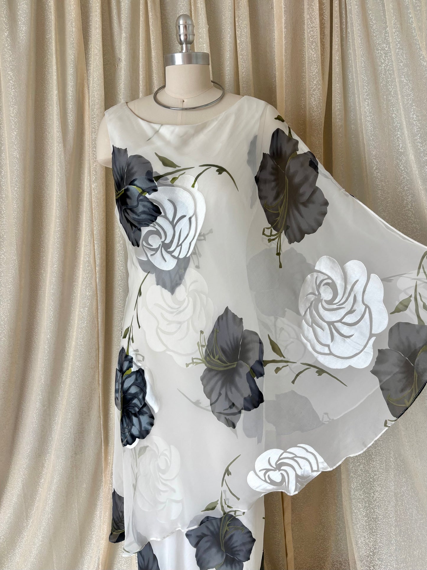 90s floral silk asymmetrical layered dress