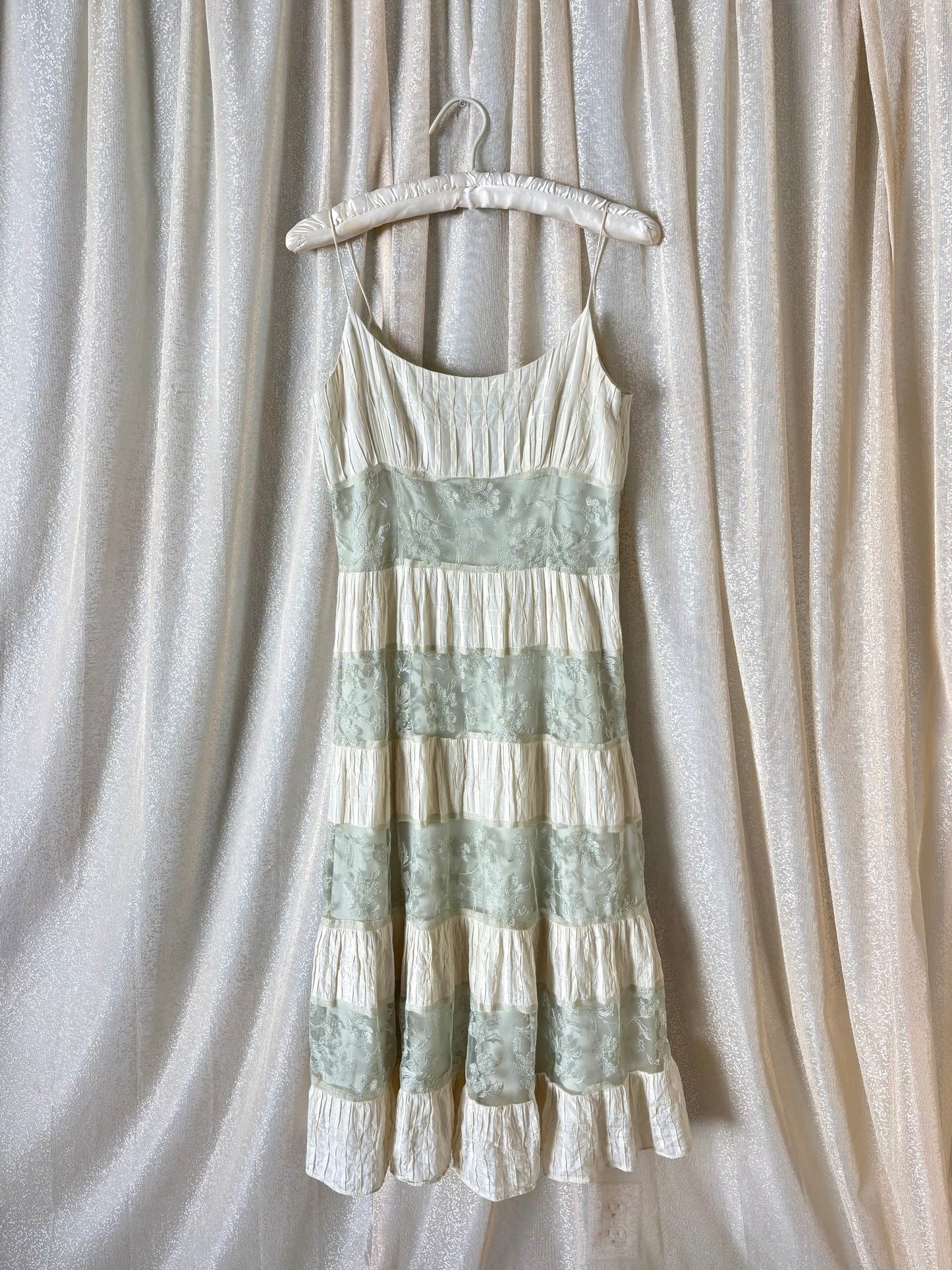 Sage and ivory lace tiered hem midi dress
