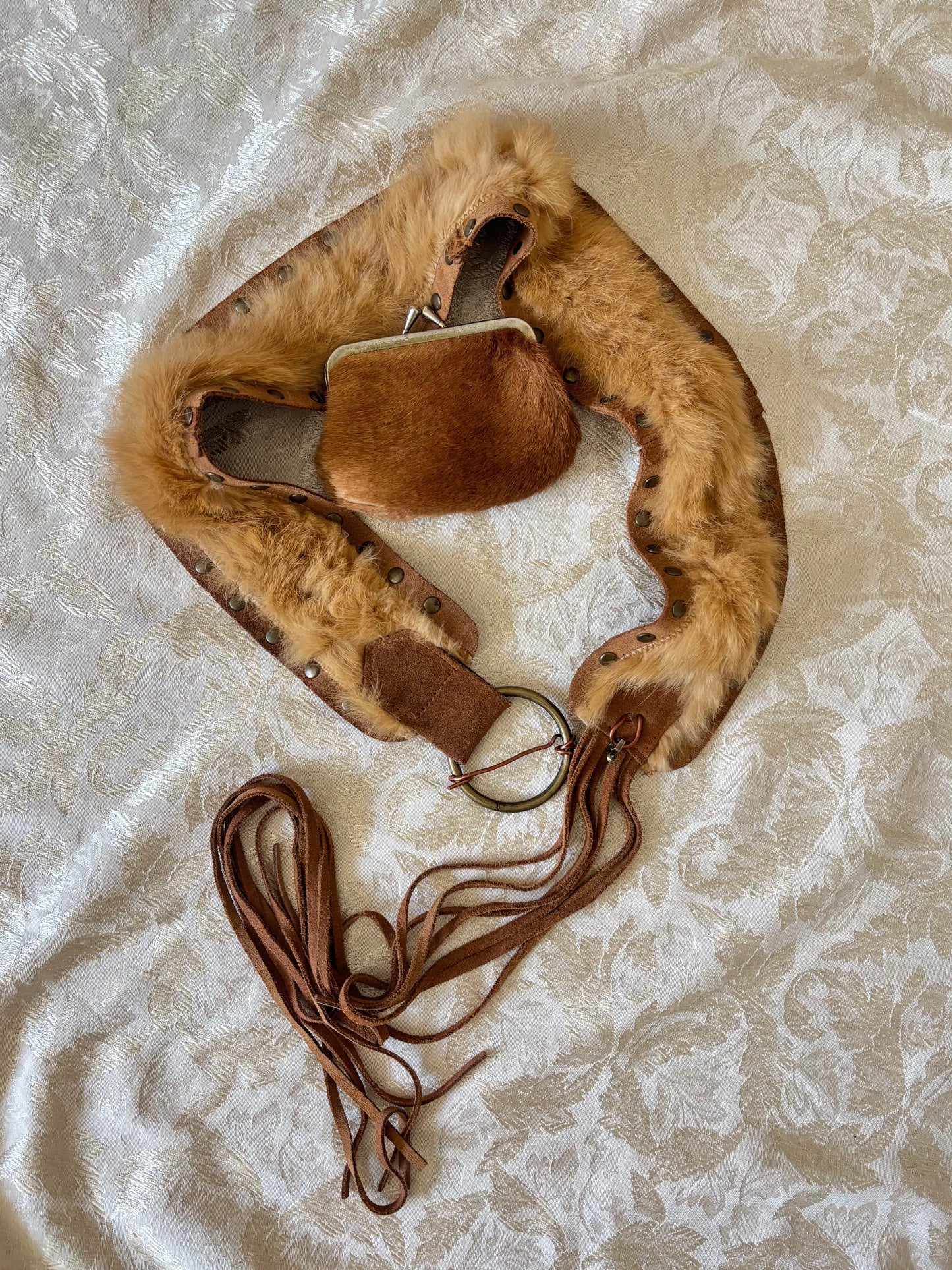 70s genuine fur and suede studded fringe belt