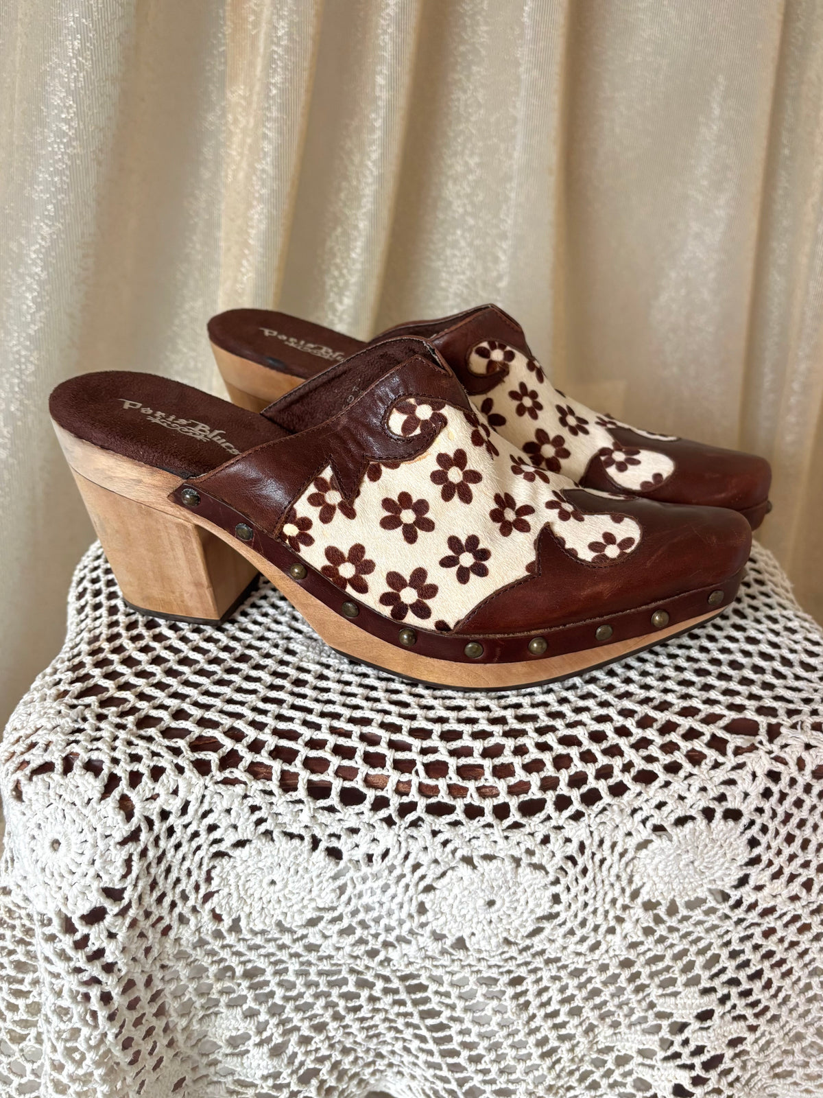 90s/00s Paris Blues calf hair and leather floral wooden clogs
