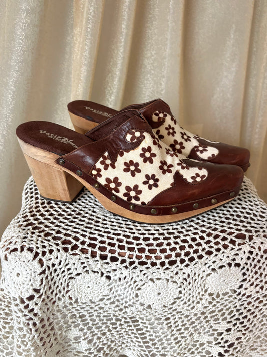90s/00s Paris Blues calf hair and leather floral wooden clogs