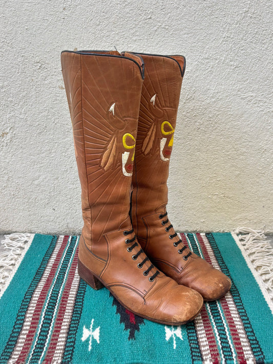 60s/70s custom tooled leather tall boots with Native American motif