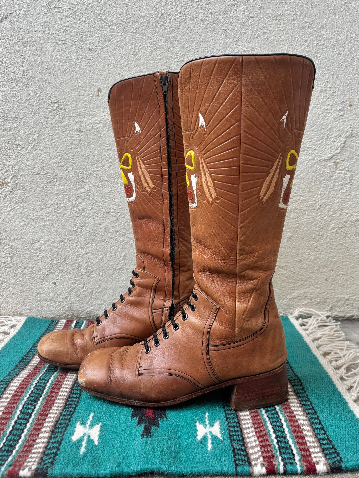 60s/70s custom tooled leather tall boots with Native American motif