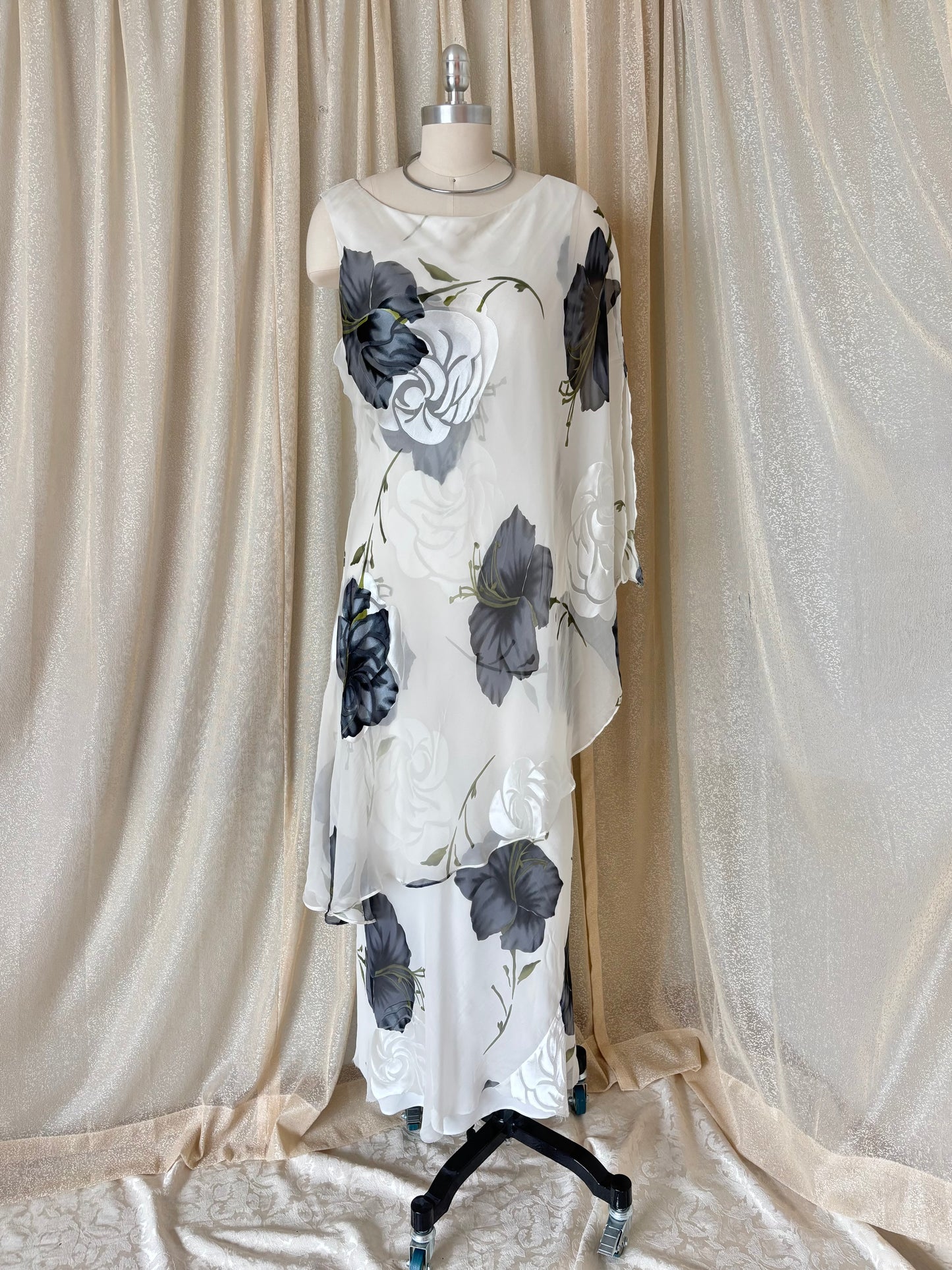 90s floral silk asymmetrical layered dress