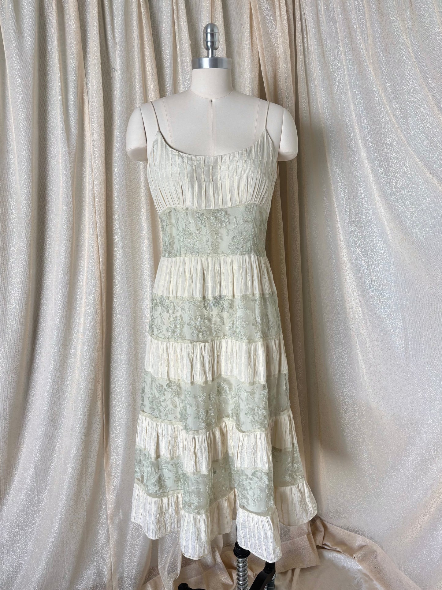 Sage and ivory lace tiered hem midi dress