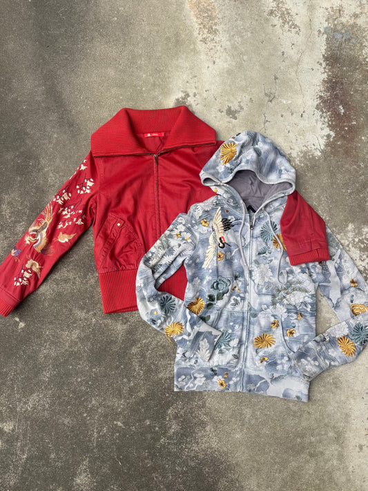 Vintage phoenix embroidered cotton bomber jacket