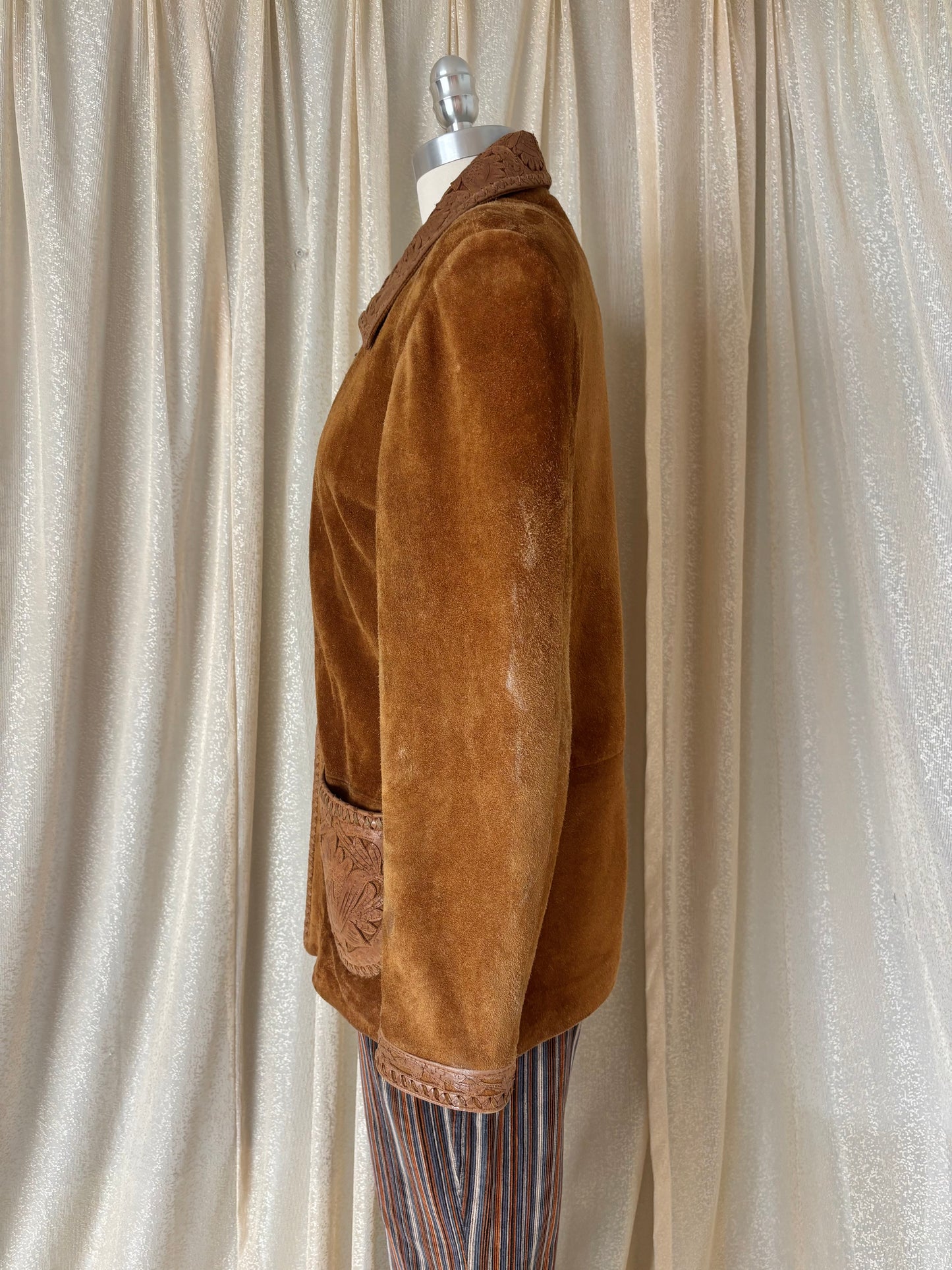 Rare Alan Michael tooled leather whipstitch suede jacket