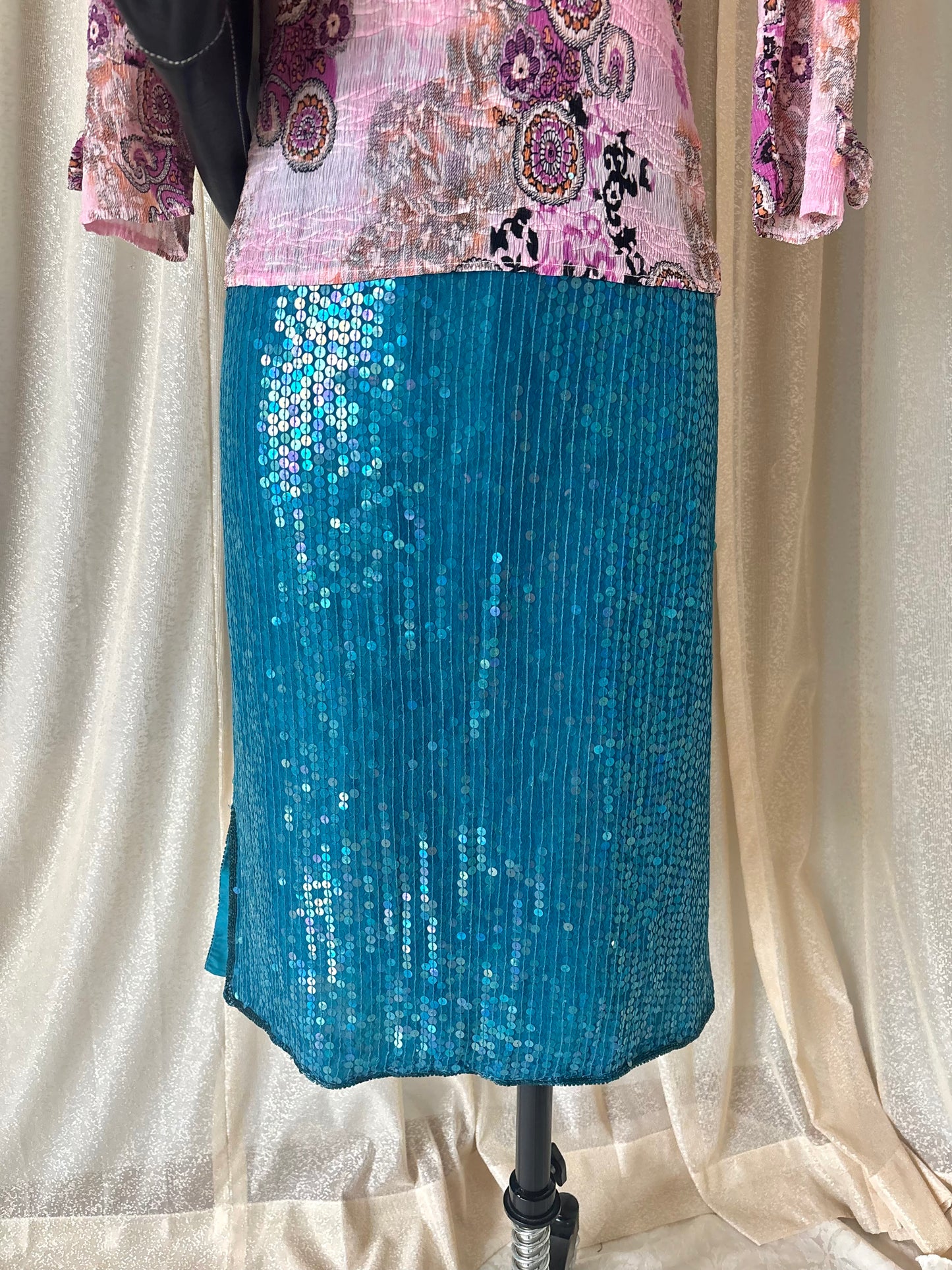 Vintage teal India silk sequin skirt