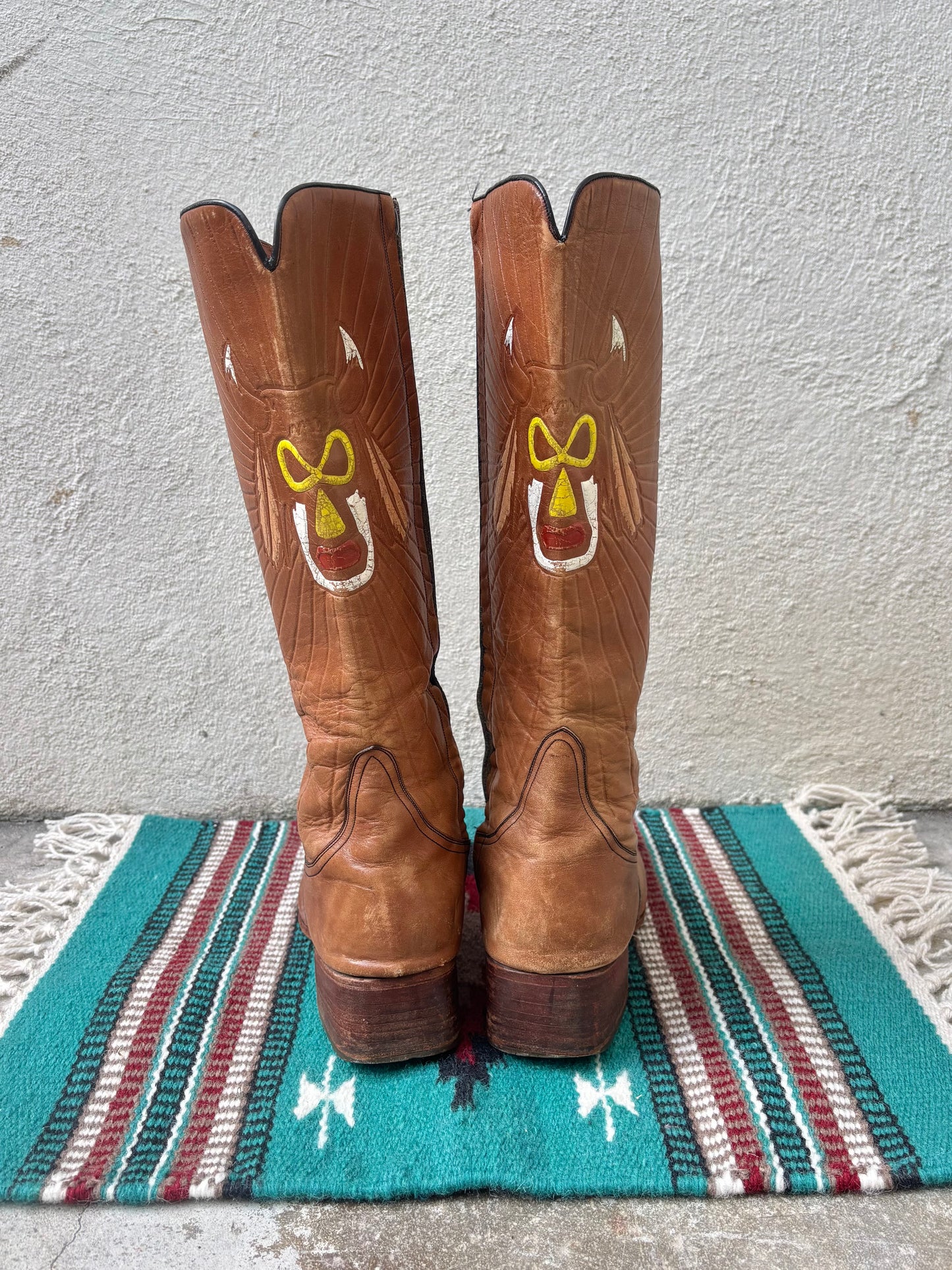 60s/70s custom tooled leather tall boots with Native American motif