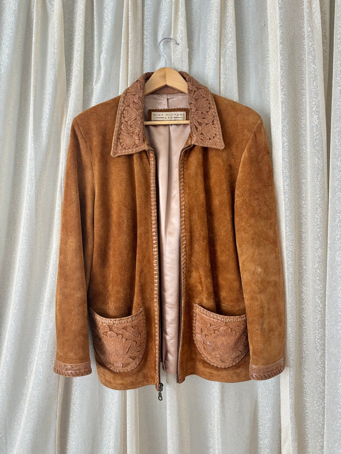 Rare Alan Michael tooled leather whipstitch suede jacket