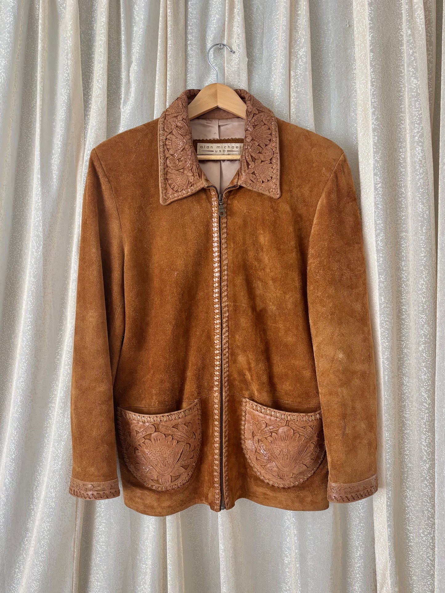 Rare Alan Michael tooled leather whipstitch suede jacket