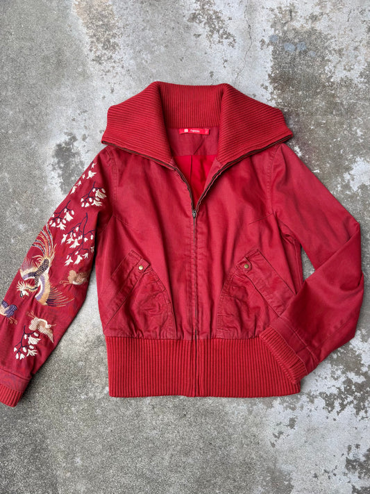 Vintage phoenix embroidered cotton bomber jacket
