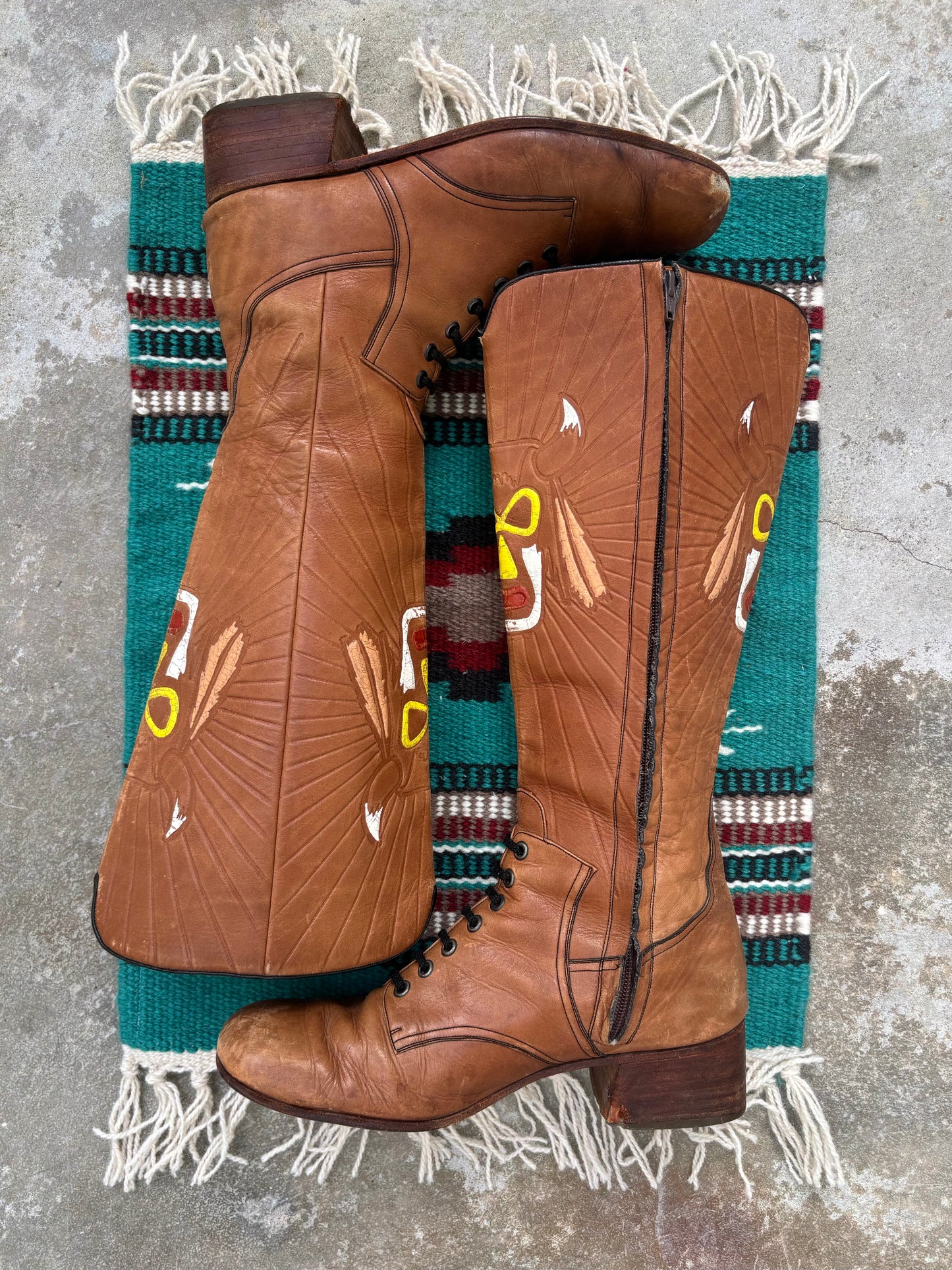 60s/70s custom tooled leather tall boots with Native American motif