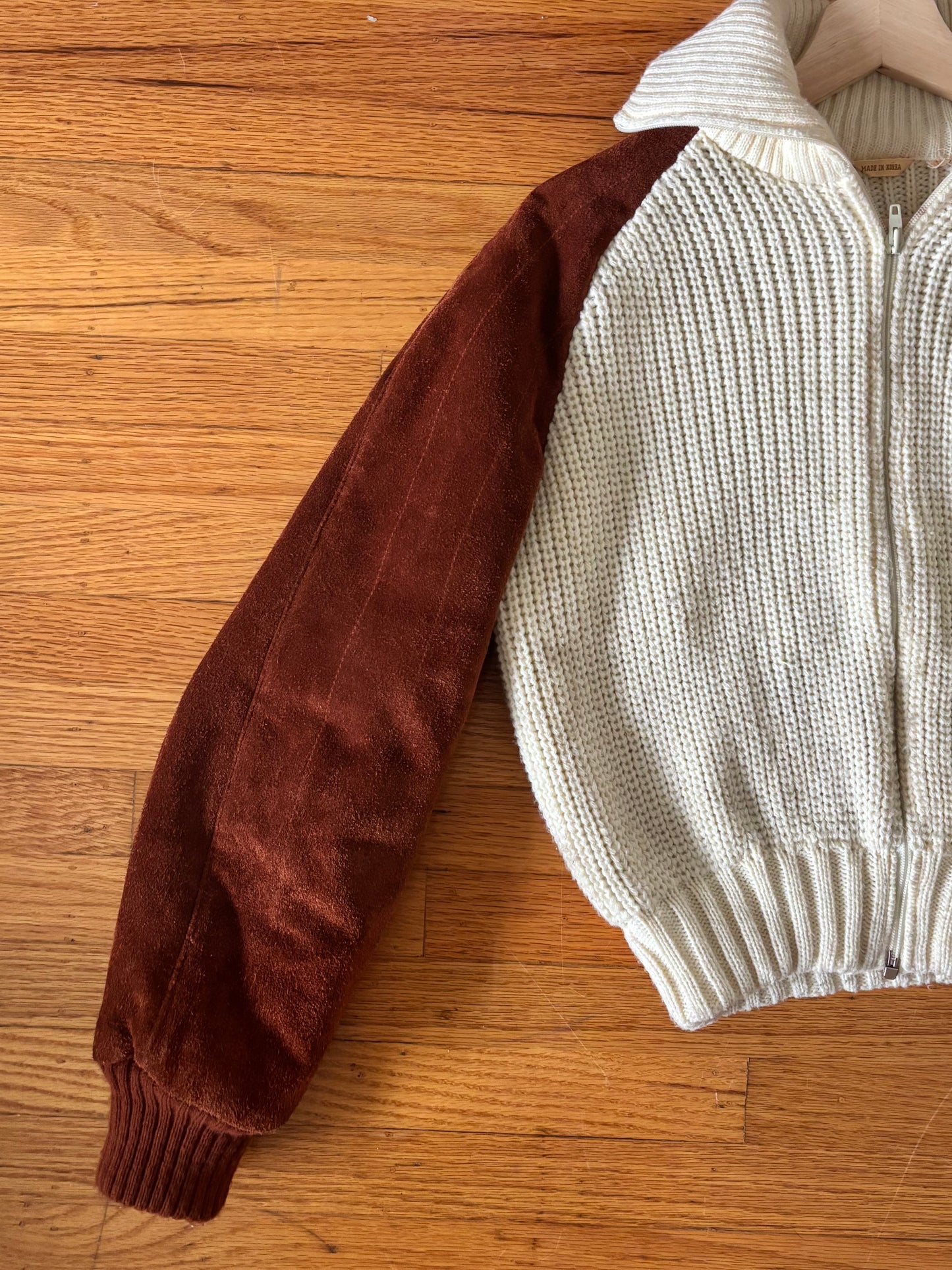 Knit suede-sleeve bomber jacket